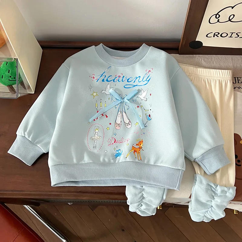 

Spring Autumn 2025 Kids Girls 2PCS Clothes Set Cartoon Printed Bow Pullover Tops Spliced Leggings Suit Toddler Girls Outfits