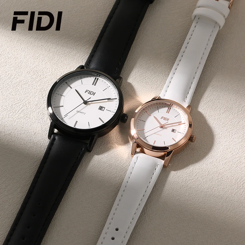 FIDI Simple Watches Luxury Quartz Watch for Men Women Fashion Leather Waterproof Date Couples Loves Black And White Watch