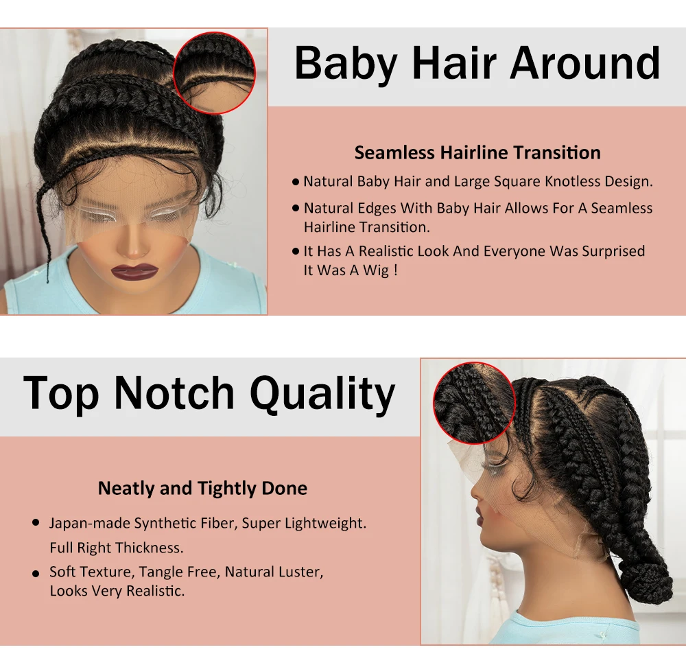 Full Lace Cornrow Braided Wigs Synthetic Handmade Bantu Braided Lace Wigs Natural Box Braids Wigs with Baby Hair for Black Women