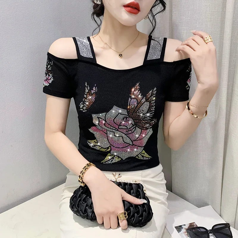 

New fashion summer European clothes high quality T-shirt sexy off shoulder shiny diamonds women mesh tops all match tees blouse