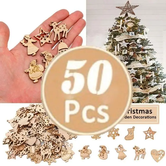 

50pcs/Set Mini Christmas Tree Ornaments Santa Claus Snowman Deer Decoration Christmas Decorations Wooden Party Decoration