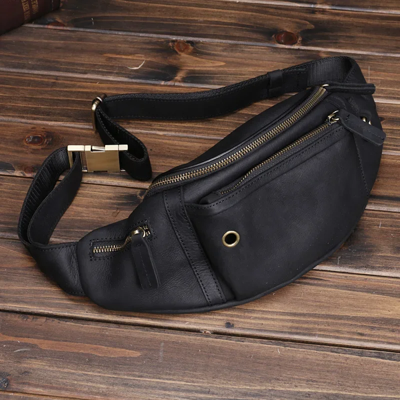 Saco de peito diagonal de couro cavalo louco masculino Camada Baotou, couro de couro celular Fanny Pack, grande capacidade, esportes, homens