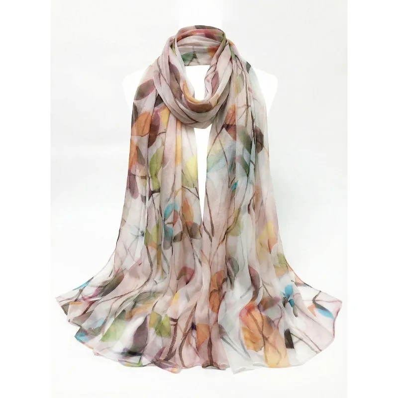 

Lightweight 100% Mulberry Silk Chiffon Scarf for Women Oblong Shawl Neck Scarf Beach Wrap Headscarf Gift Pack Light Brown Leaf