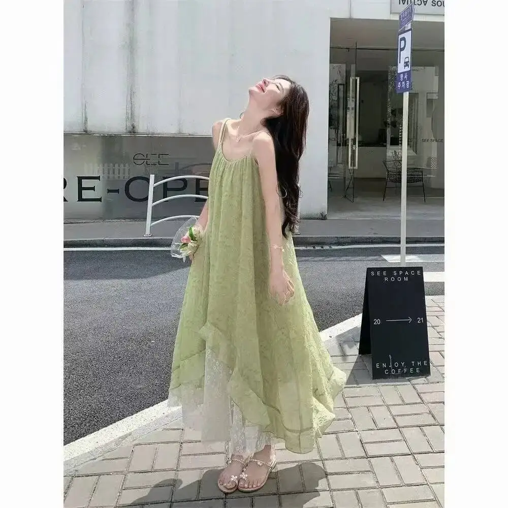 

Summer New Green Floral Strap Dress Women's French Style Beautiful Beach Holiday Lace Splicing Long Skirt Elegant Loose Waist
