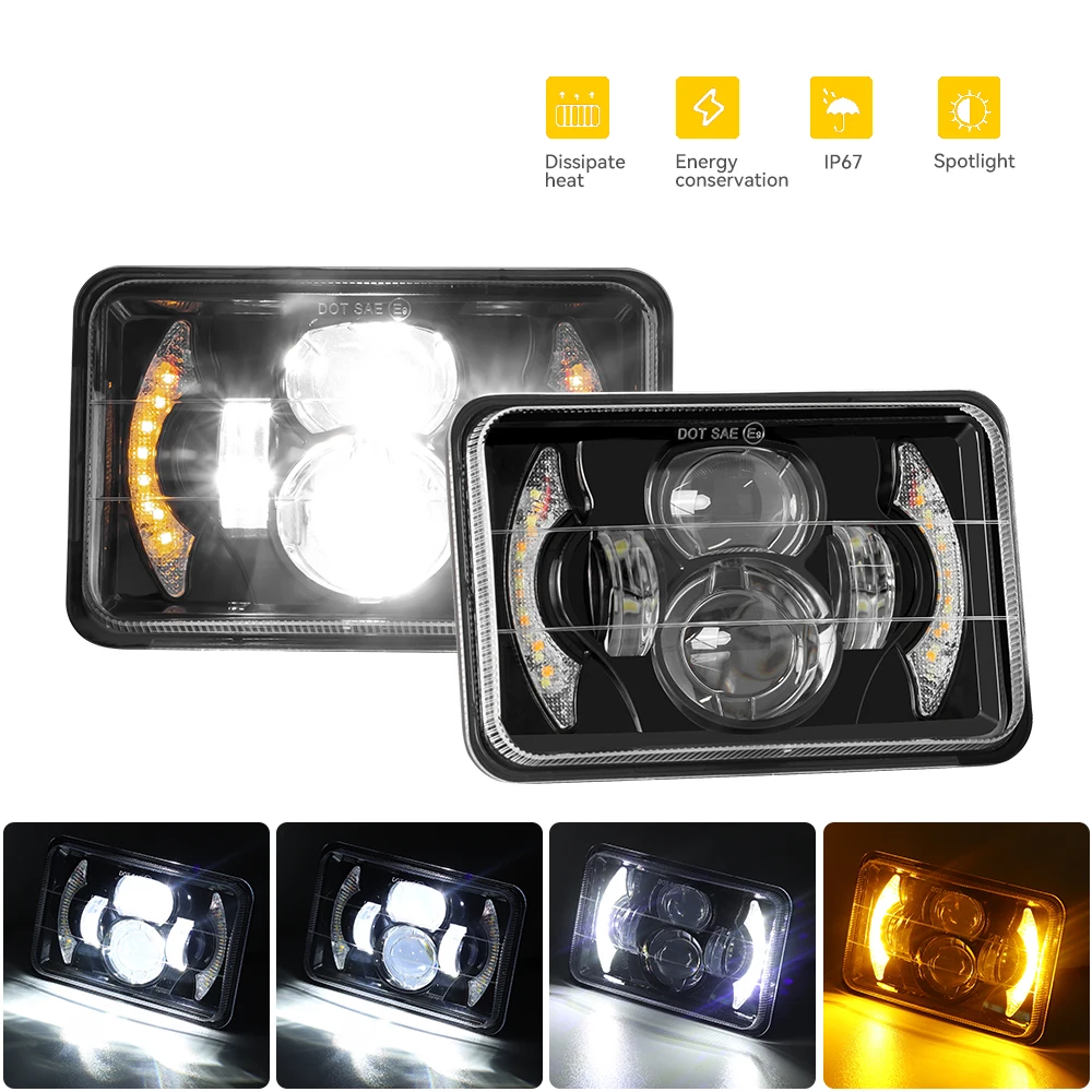 4x6 Inch LED Headlight Rectangular Projector 12000Lm 6000K LED Truck Headlamp Car Light Accessories for Jeep Wrangler