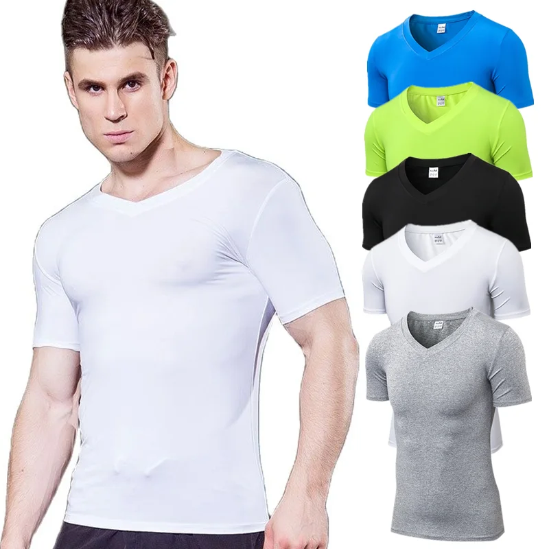 Men Sport T Shirts V-neck Top Compression Exercise Tights Boy Cycling Football Jogging Gym Fitness Running Outdoor Activewear