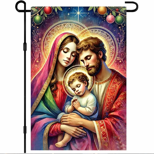 Christmas Outdoor Garden Flag 12X18 Inch Holy Family Nativity Scene with Halo Do JJE DDI GGX