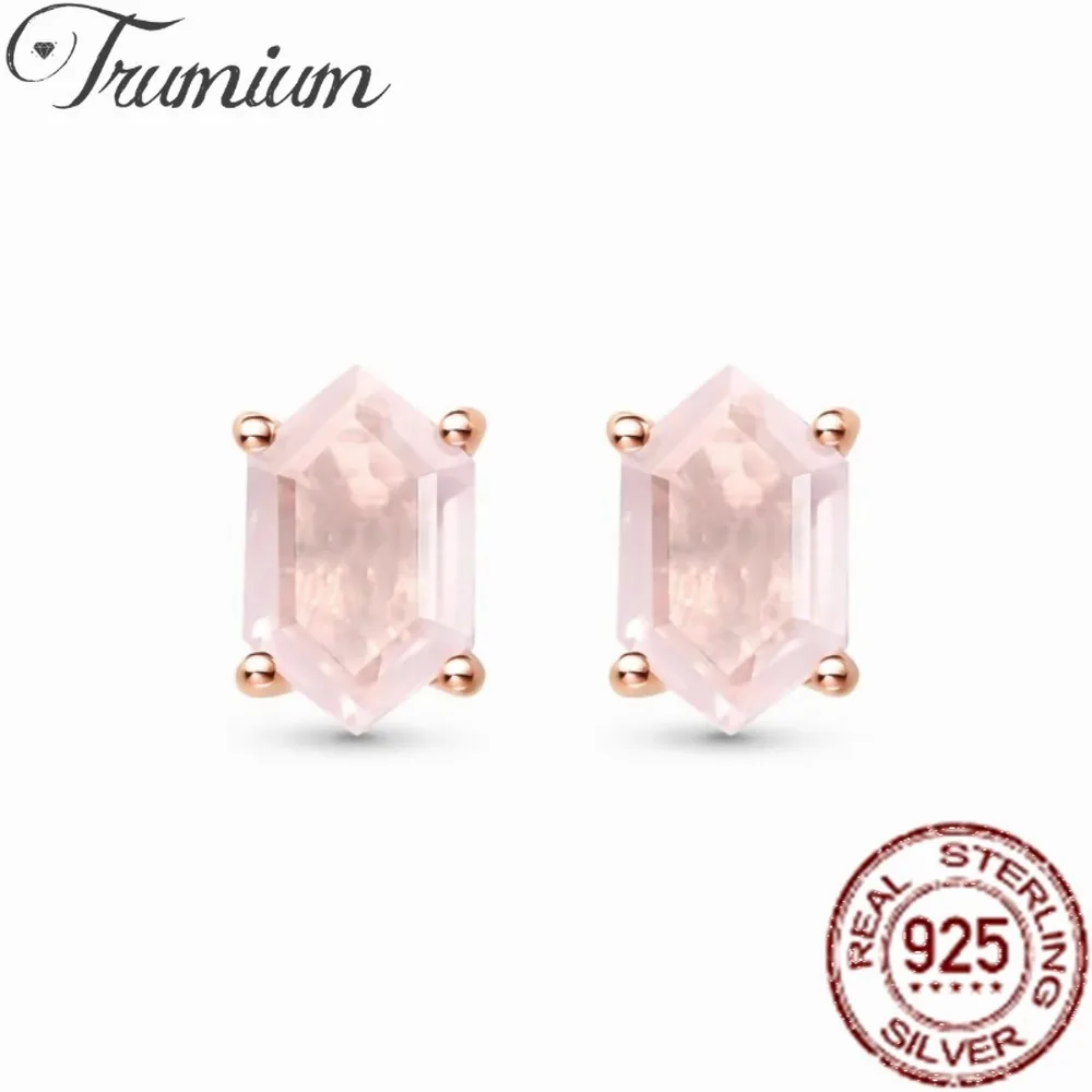

Женские серьги-гвоздики из стерлингового серебра Trumium с розовыми кристаллами, розовый кварц, мох, агат, обручальные женские шестиугольные серьги, ювелирные изделия