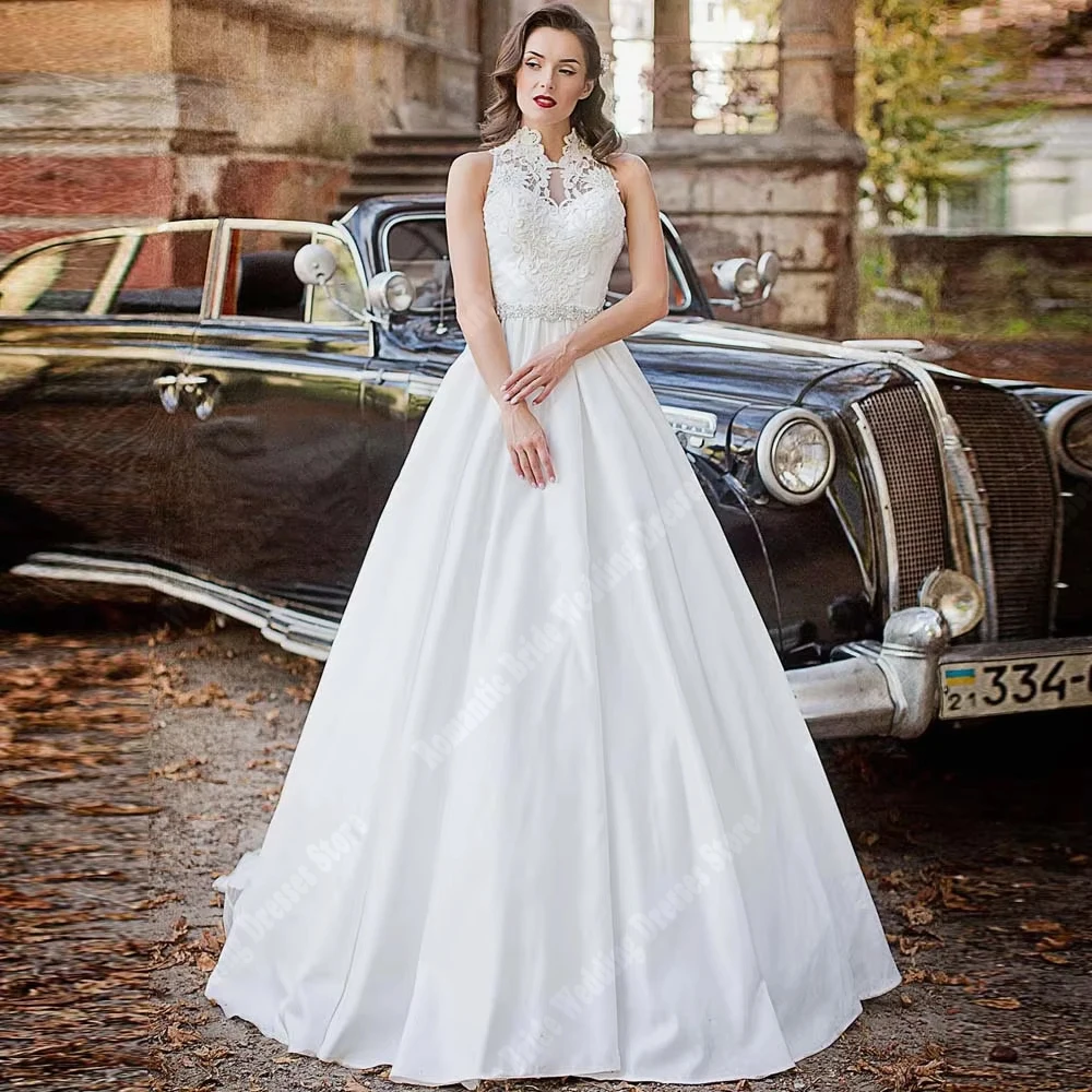 

Elegant A-Line Women Wedding Dresses Sexy Halter Lace Flower Print Bridal Gowns Mopping Length Party Princess Banquet Customized