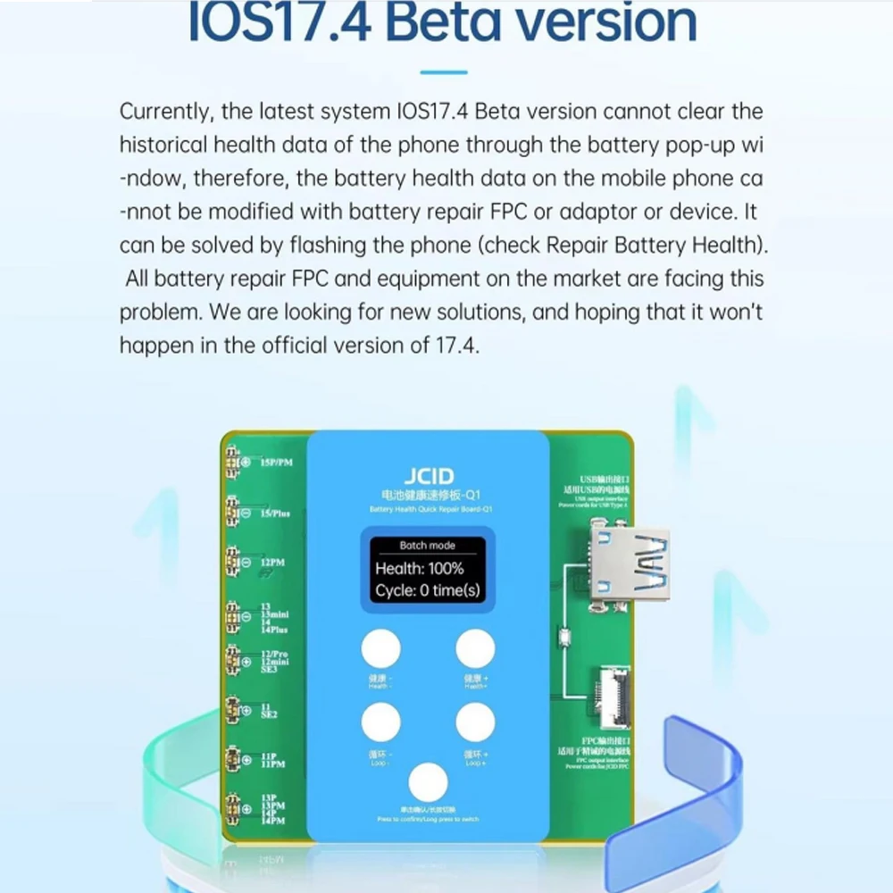 Carte de réparation rapide de la santé de la batterie JCID JC Q1, iPhone 11 à 15 Pro, fenêtre de résolution, pop-up, modification, embauche, pas besoin de FPC