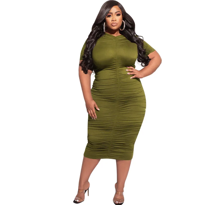 Plus size 5xl roupas femininas verão vestido sexy cor sólida plissado manga curta sexy apertado clube vestidos atacado dropshipping