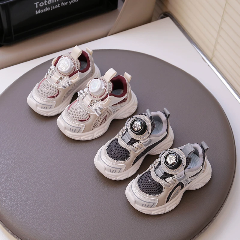 Kids Sneakers Non-slip Rotating Button Handsome for Boys Girls Running Shoes Mesh Breathable 2025 New Children Casual Shoes Soft