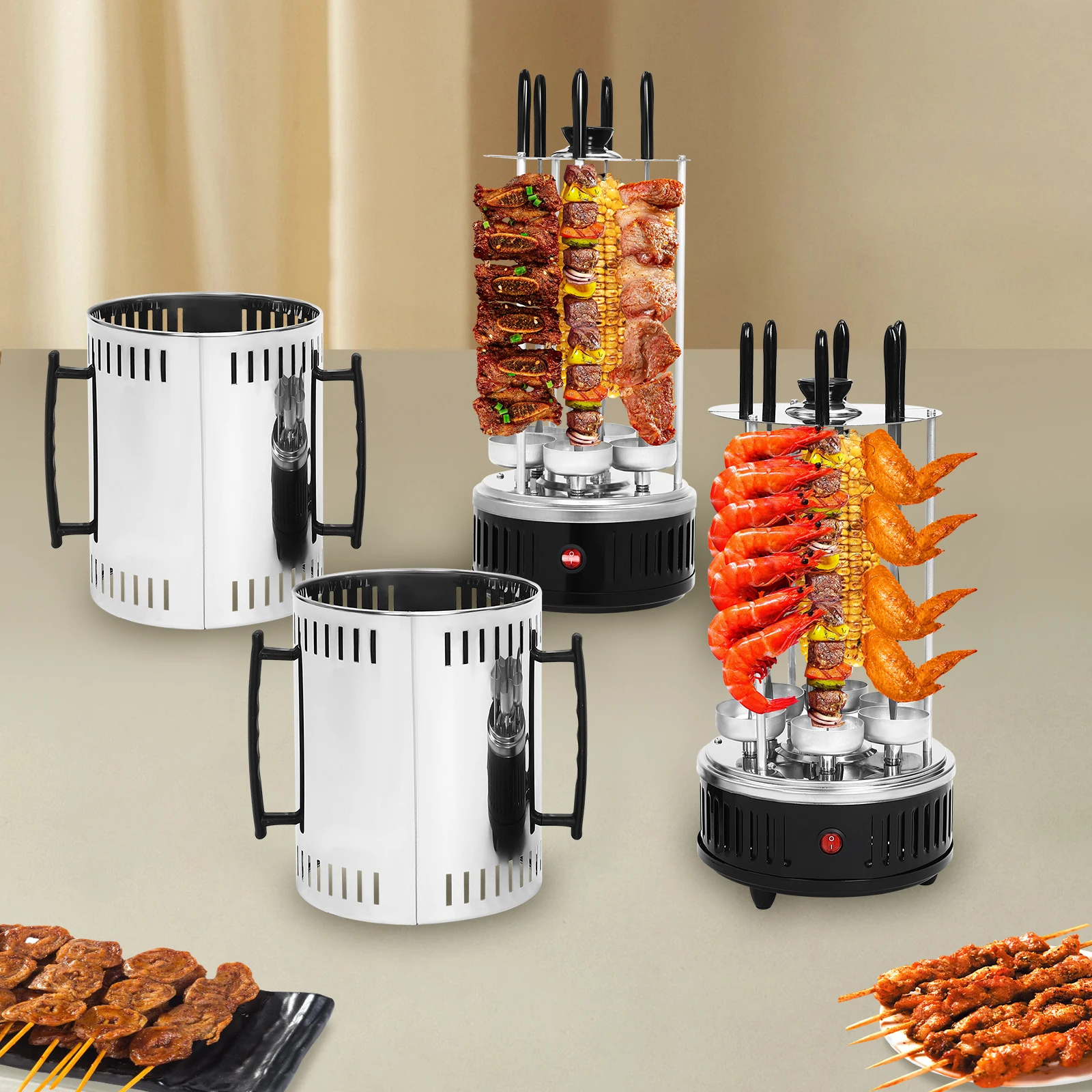 1000 W vertikaler Elektrogrill, automatischer Drehspieß aus Edelstahl, 6 Spieße, rauchfrei, für den Grill zu Hause