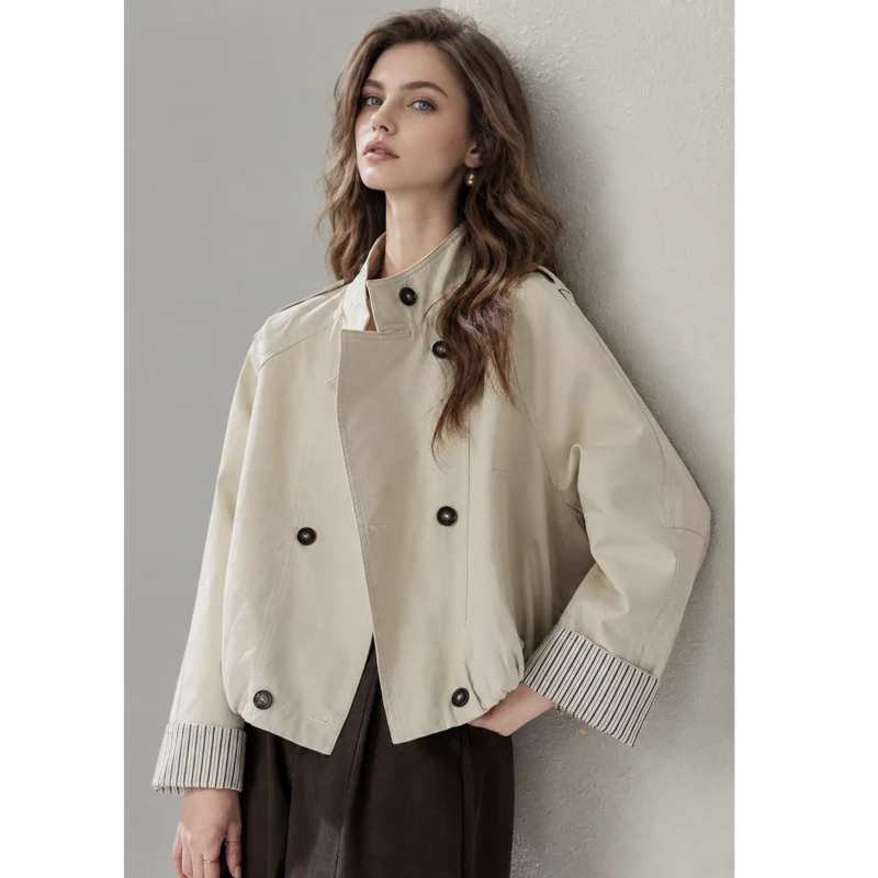 Women's Double Breasted Cropped Trench Jacket, Mocha Brown Stand Collar Casual Windbreaker With Striped Cuff Detail