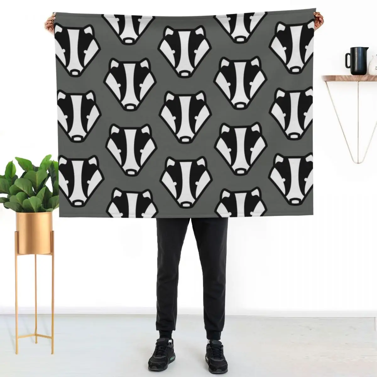 Badger badger badger grey and black design Throw Blanket Nap Travel Soft Custom Cute Plaid Blankets