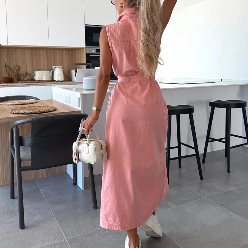 Robe longue en Denim pour femmes, élégante, couleur unie, col à revers, fente latérale, mode, chemises à simple boutonnage, été, 2025