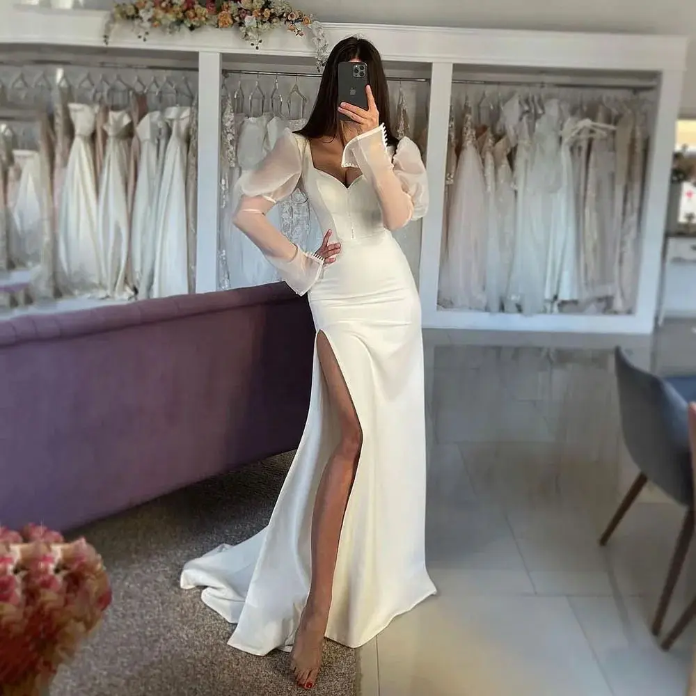 A-Line Elegant Wedding Dresses Beautiful Square Neck Long Sleeve Fashion High Split Romantic Simple Mopping New Prom Gowns 2024