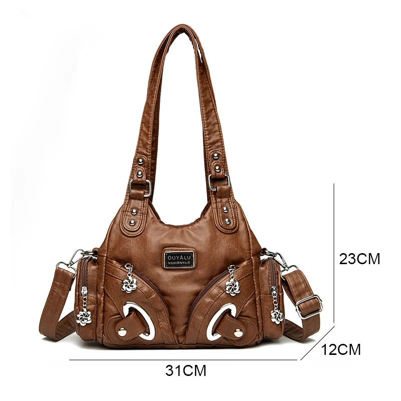 Women Casual Multiple Pockets Tote Bag Lady Large Capacity Shoulder Crossbody Bag for Women Vintage Soft Leather Travel Bag Sac