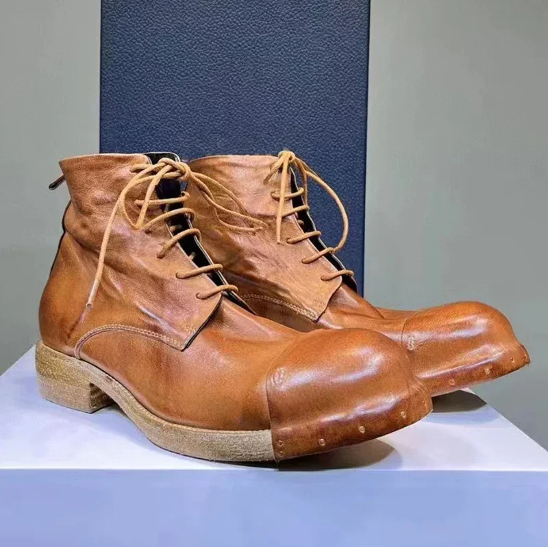 Męskie buty ze skóry końskiej Vintage Wash Water Old Leather Boots Handmade Goodyear - Męskie krótkie buty sznurowane Okrągła głowa Mężczyźni — zdjęcie 5