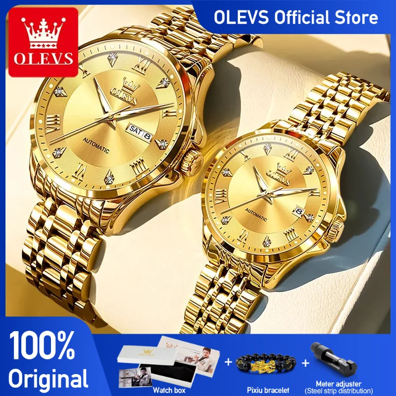 

OLEVS 6702 часы для пар, роскошные оригинальные механические наручные часы с цирконовой шкалой, водонепроницаемые светящиеся часы с датой на день, подарки для пары