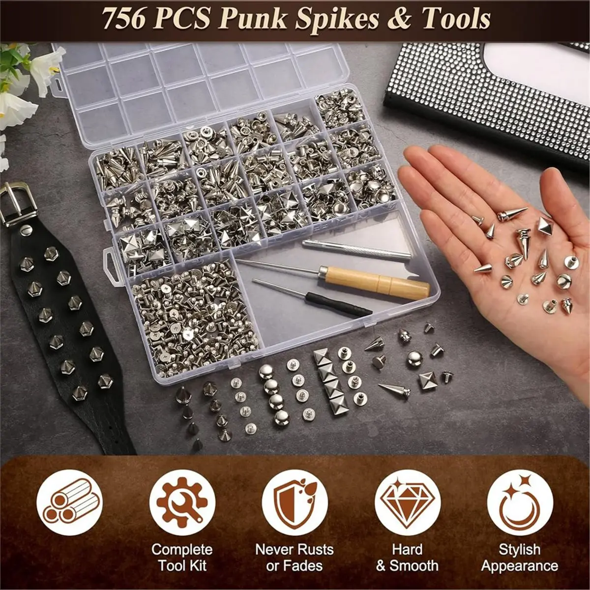 update. 756PCS Punk Studs for Clothing, 12 Size Metal Spikes and Studs Leather Rivets for Craft Square Studs Round Dome Rivets