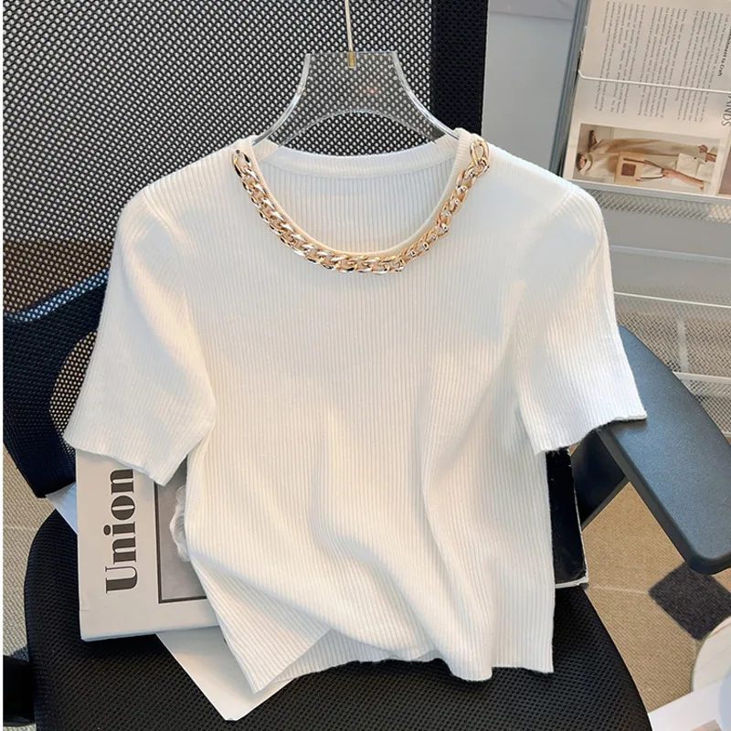 Summer Simple Design Sweater Tees Round Neck Solid Pullover Top Metal Chain Decoration New Chic Short Top Bottoms Women\'s Trend