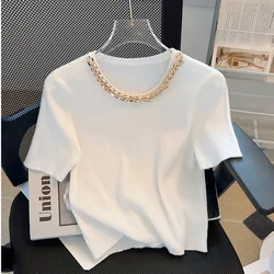 Summer Simple Design Sweater Tees Round Neck Solid Pullover Top Metal Chain Decoration New Chic Short Top Bottoms Women's Trend