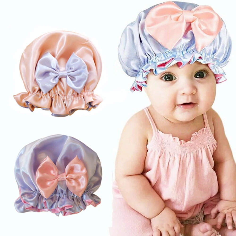 Solid Silk Kids Satin Bonnet Hair Caps Double Layer Sleep Night Cap Baby Girls Night Turban Children Solid Headwrap Sleep Bonnet