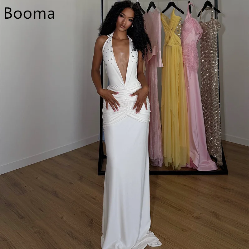 

Booma Mermaid V-Neck Satin Simple Backless Pleat Wedding Dresses Sleeveless Crystal Elegant Brides Gown Custom Made 2025