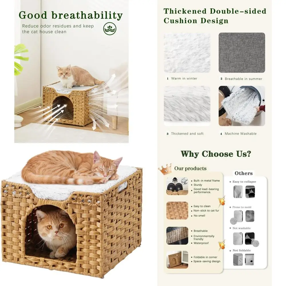 

Домик для кошек из натурального плетеного ротанга, складной куб для питомцев с лежанкой, 2 крючка, 16.5x16.5x13.2