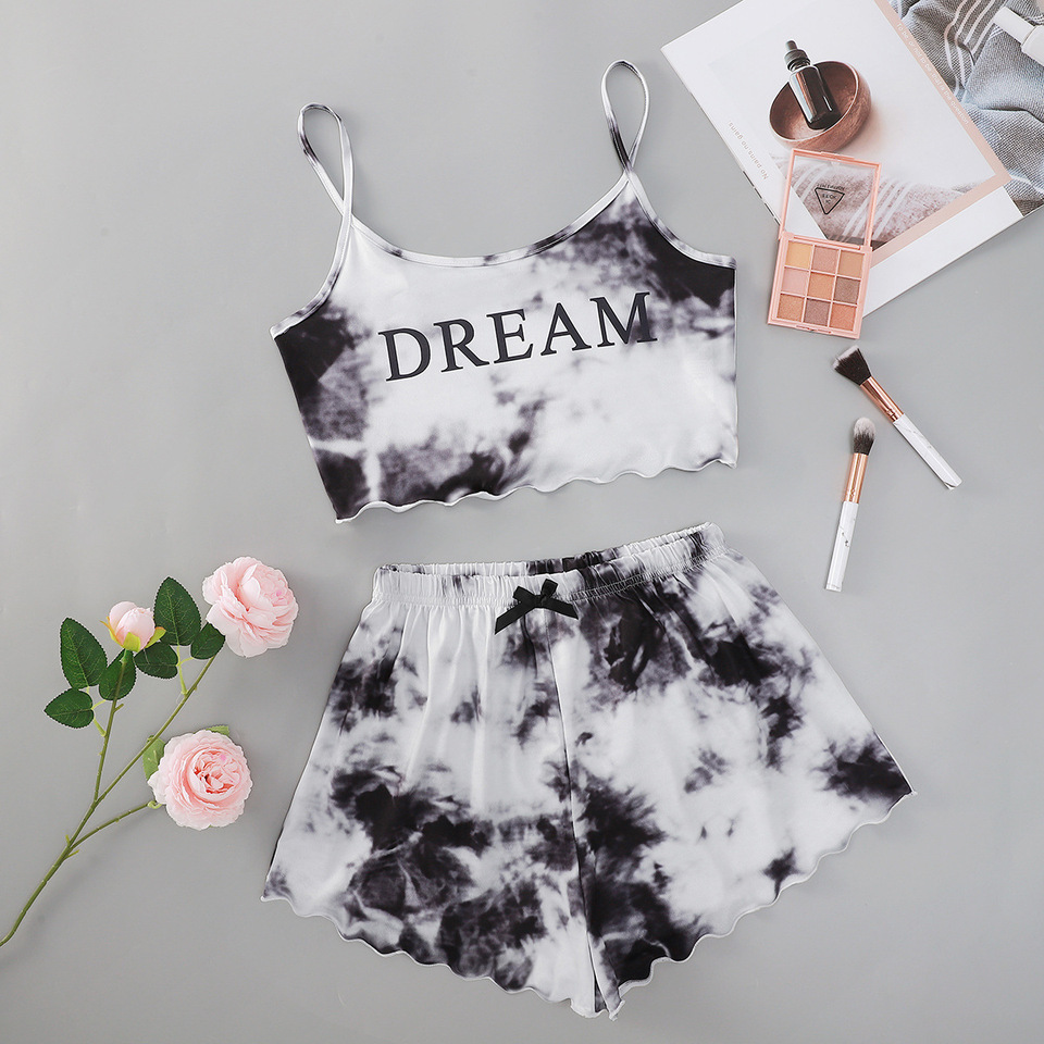  Sleepwear Women Pajamas Sets Sexy Lingerie Cute Tie-dyed Print Sleeveless O-Neck Thin Tops with Shorts Set Nightwear Underwear 