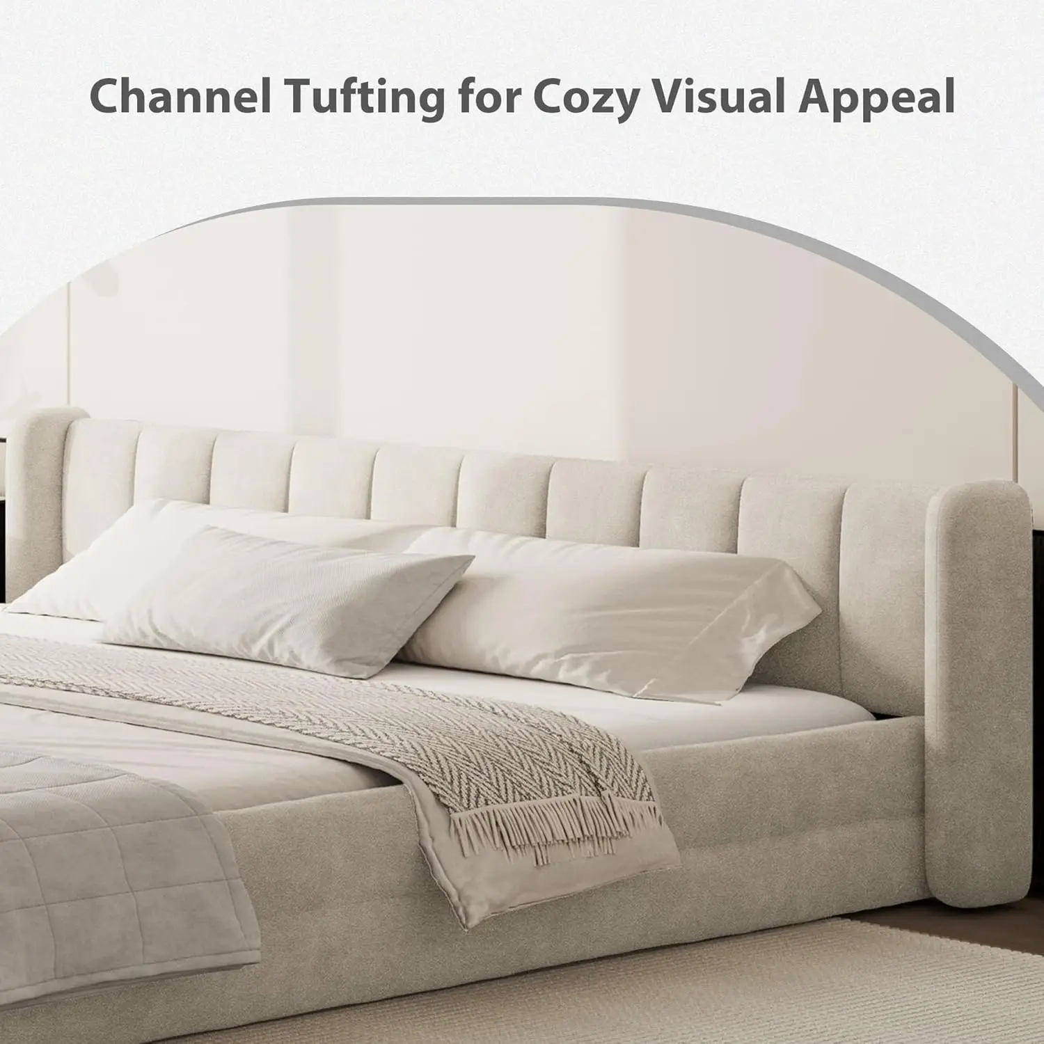 King Size Bed Frame with Cloud Soft Headboard, Chenille Upholstered Bedframe Grounded Wood Base Bed Frame, No Box, Custom view 4