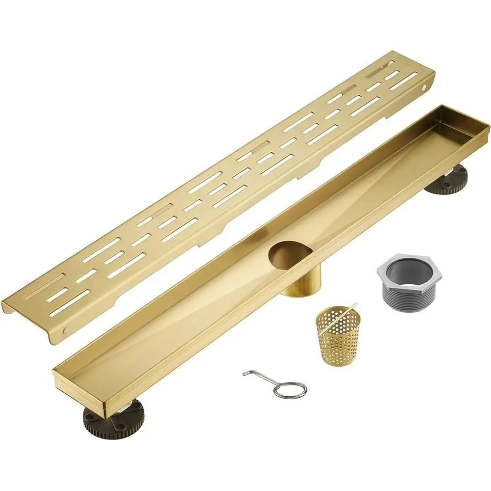 Sifone doccia da 32 pollici in acciaio inox spazzolato oro con griglia rimovibile, scarico a incasso, filtro per capelli incluso