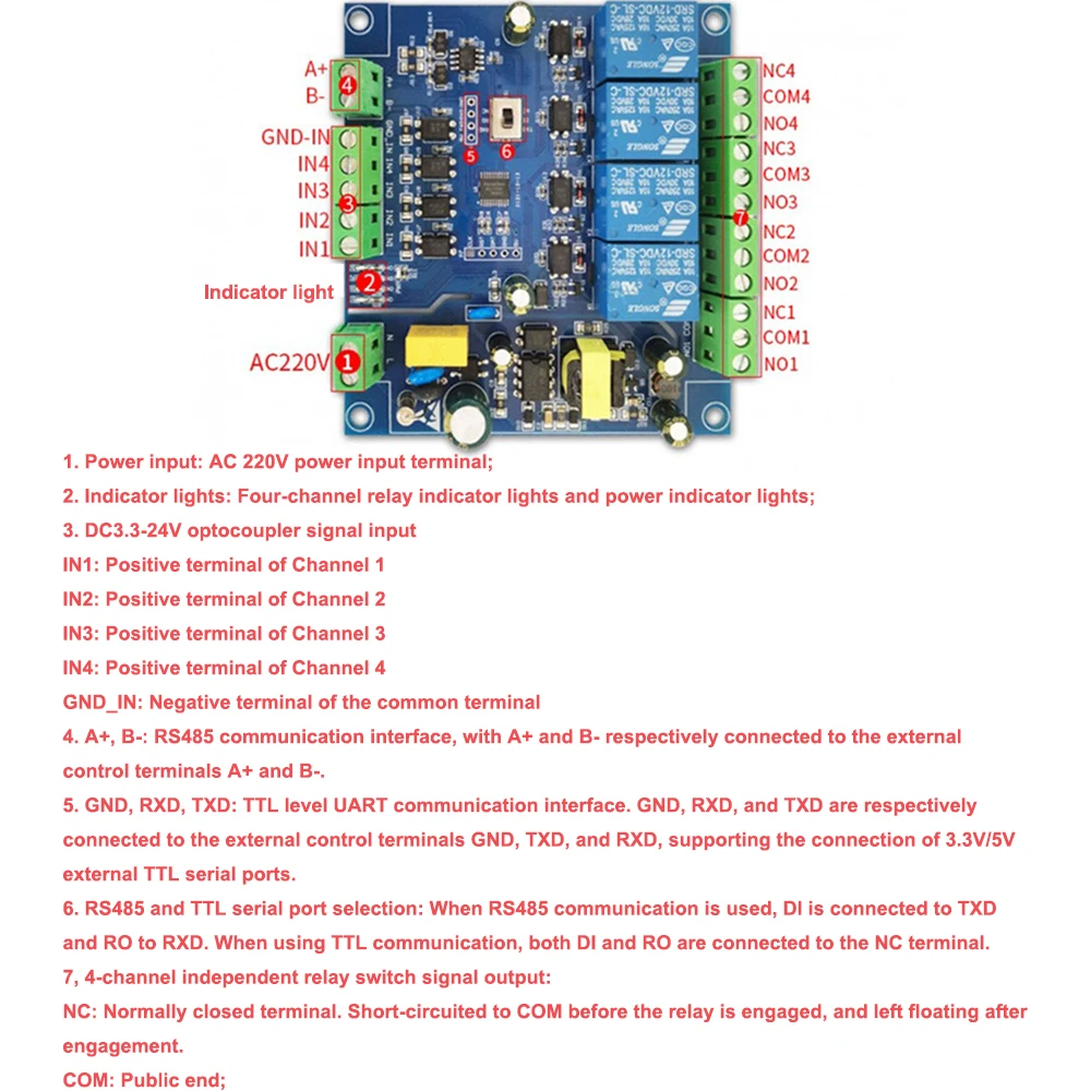 

Modbus RTU Four-channel Relay Module AC220V Power Supply Relay Board Support RS485/TTL UART Interface/Power Failure Preservation