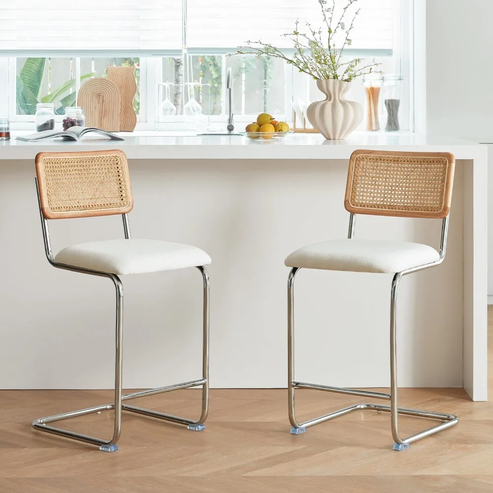 Natural Rattan Counter Height Stools Set of 4 with Solid Wood Back, for Kitchen Counter with Chrome Metal Legs,White