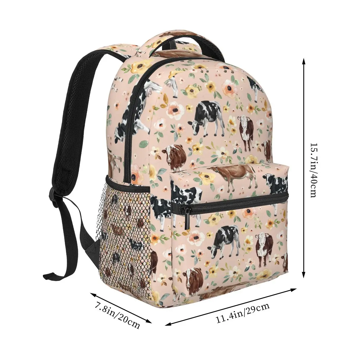 Cow Floral On Blush Pink, Yellow Flowers Backpack Student Boys Girls BookBag Kids School Bag Laptop Shoulder Bags for Men Women