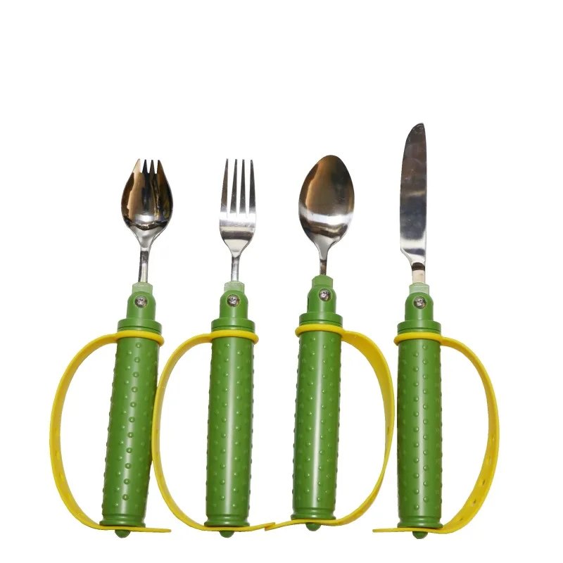 Elderly Eating Aids Fork/Spoon Food Grade Stainless Steel with Anti-drop Skid Safe Straps Adjustable Angle Assistive Cutlery Set