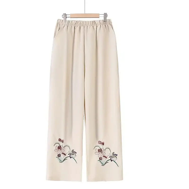 

Женские брюки с широкими штанинами на эластичной талии с цветочной вышивкой, свободного кроя, повседневные, для женщин среднего возраста