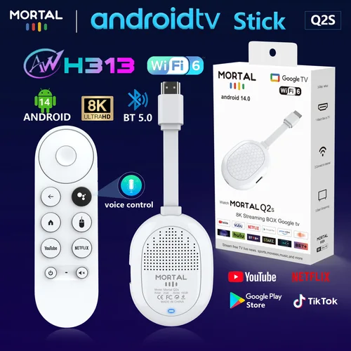 TV Stick Android 14 Allwinner H313, dispositivo de TV Mortal Q2S Dongle, compatible con Youtube, Google Wifi6, BT5.0, 8K, control remoto por voz, TV BOX, directamente de fábrica