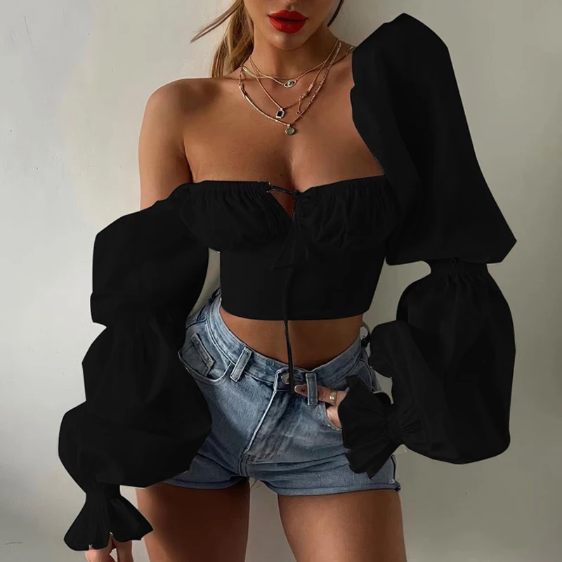 Zomer Sexy Crop Tops Vrouwen 2023 Fashion Print Korte Blouse Lantaarn Lange Mouw Vierkante Kraag Casual Y 2K Shirt Lady Blusas 26217