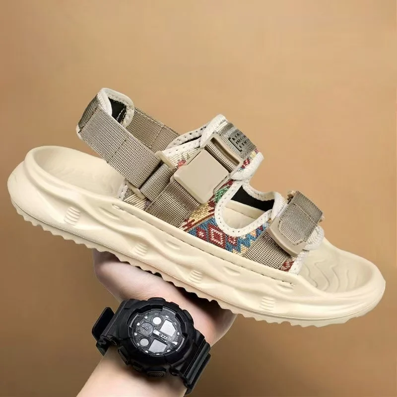 

Men's Summer New Open Toe Casual Sports sandals Soft Sole Non Slip Canvas Print Dual Purpose Outdoor Beach Sandals Slippers