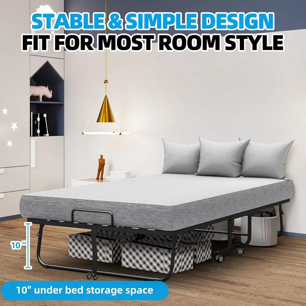 XL Twin Size Portable Folding Bed with 5 Memory Foam Mattress and Lockable Wheels view 3