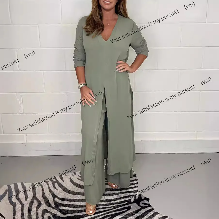 ZOCI-Damen-Hosenanzug mit geteiltem Gabel und langem Oberteil, weibliche Eleganz