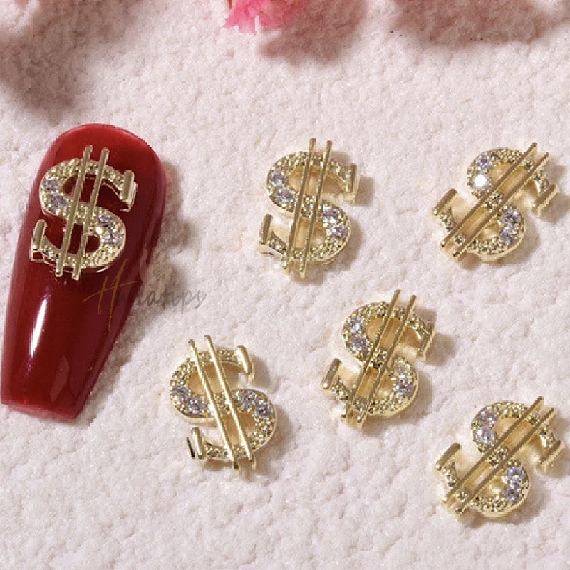 10Pcs Dollar Sign Geld Nagels Charms Zirkoon/Diamond Hanger Sieraden Dollar Ontwerp Goud Zilver Luxe Nail Decoratie