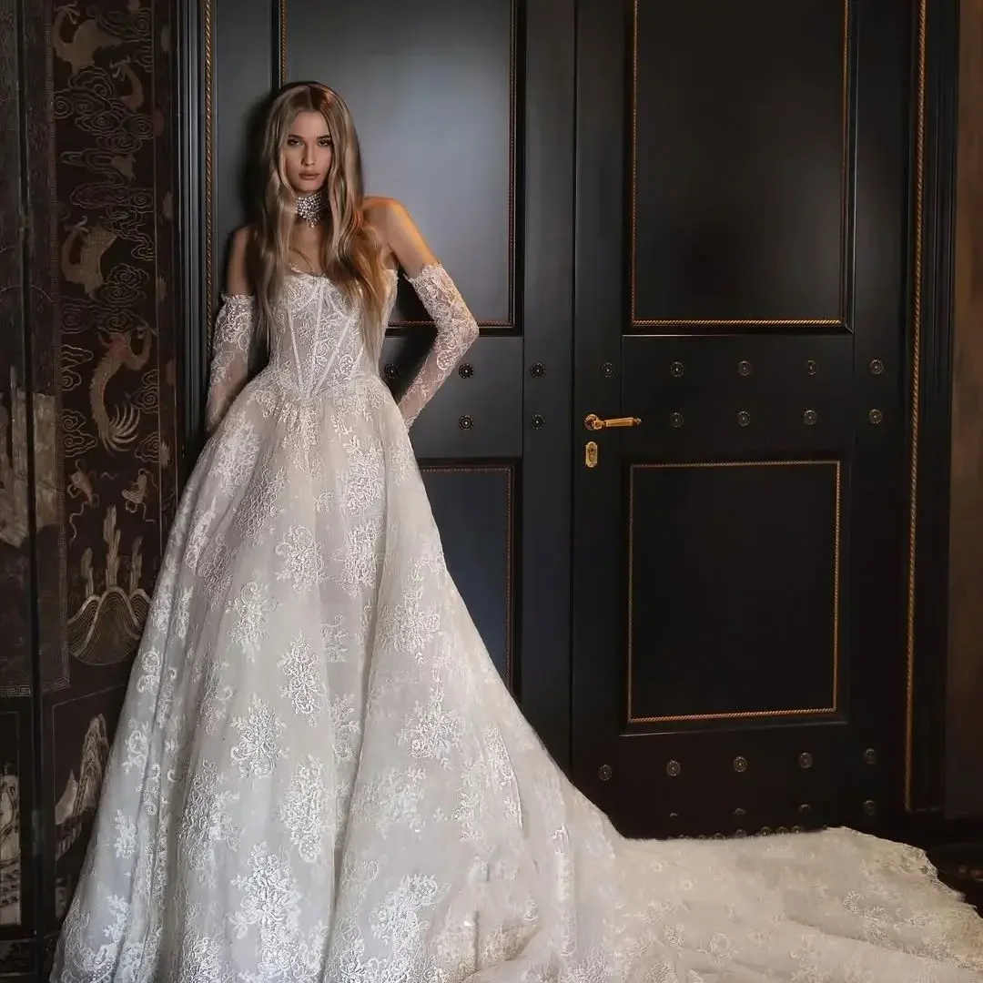 

Customized Elegant Lace Appliques Sweetheart Detachable Long Sleeves Beach A-Line Wedding Dresses Bridal Gown Vestidos De Novia