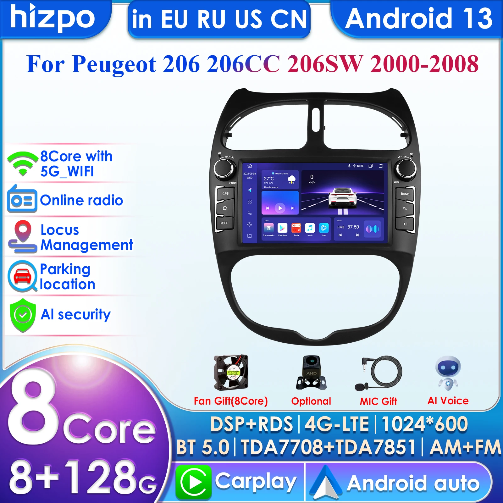 7'' 8Core 8+128 Android 13 4G Carplay Car Radio for PEUGEOT 206 206CC 206SW 2000-2016 Android Auto Multimedia GPS 2din Autoradio