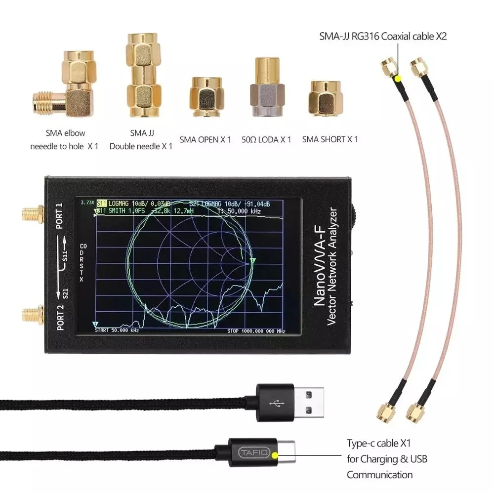 Penganalisa jaringan vektor genggam portabel, modul SWR Meter 50 khz-1000 MHz 4.3 inci IPS TFT tampilan Digital layar sentuh MF H