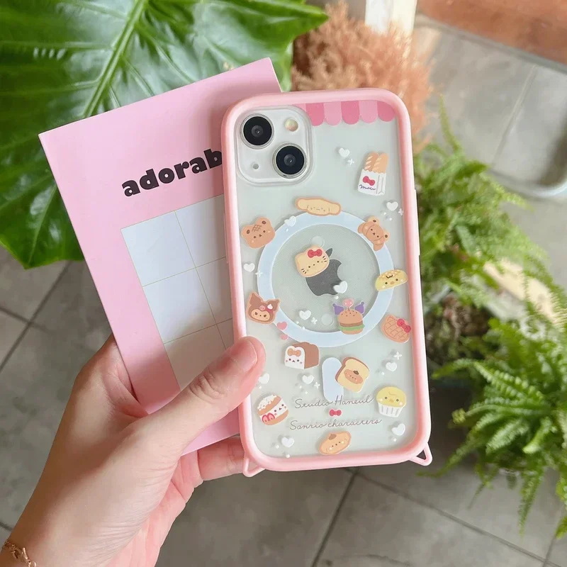 Lucu Sanrio Hello Kitty Melody Kuromi pemegang magnetik Magsafe pengisian nirkabel casing ponsel untuk iPhone 15 14 13 Pro Max penutup lembut