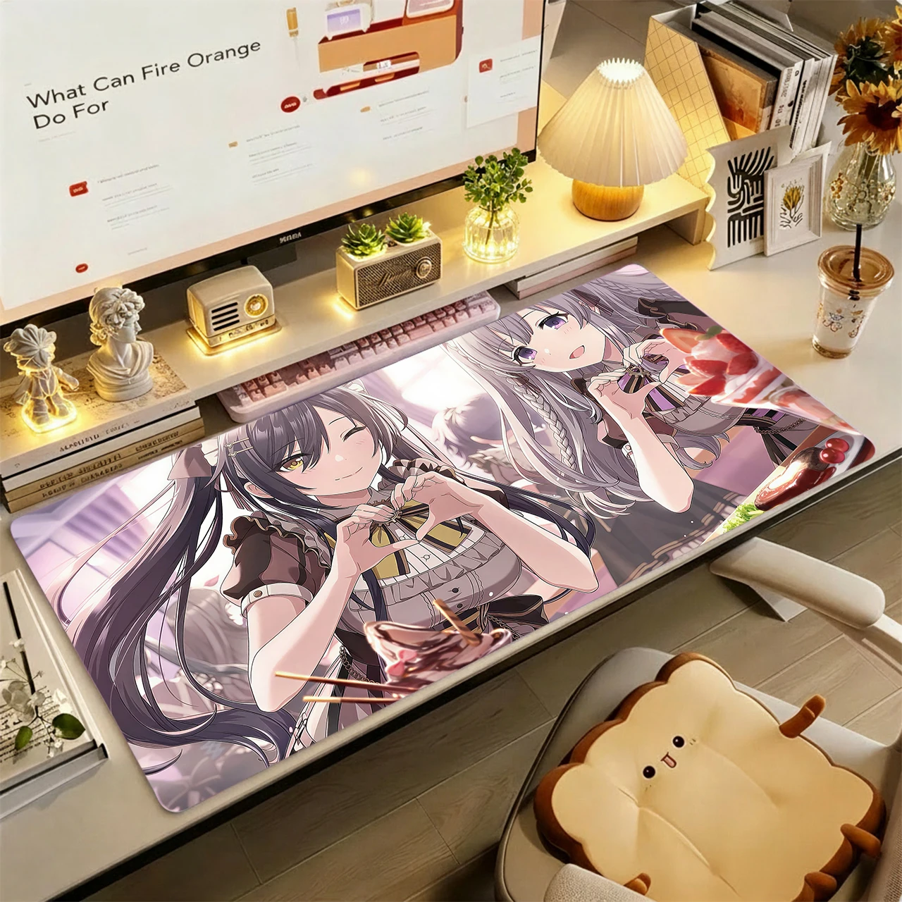 Gaming Mouse Pad, XXL Desk Mat, Anti-slip Base, Stitched Edges, Two Anime Girls Heart Hand Sweet Dessert Warm Print Table Mat