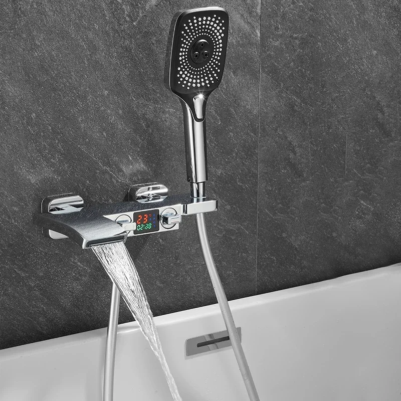 Waterfall Brass Bathtub Faucet, Bathroom Faucet, Bath Shower, Mixer Crane, Digital Display Function